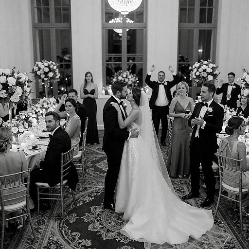 Black and White Wedding Reception Kiss