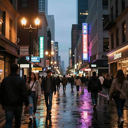 Photograph of a bustling, rain-soaked city street at dusk, with blurred pedestrians, colorful neon signs, and illuminated street lamps.