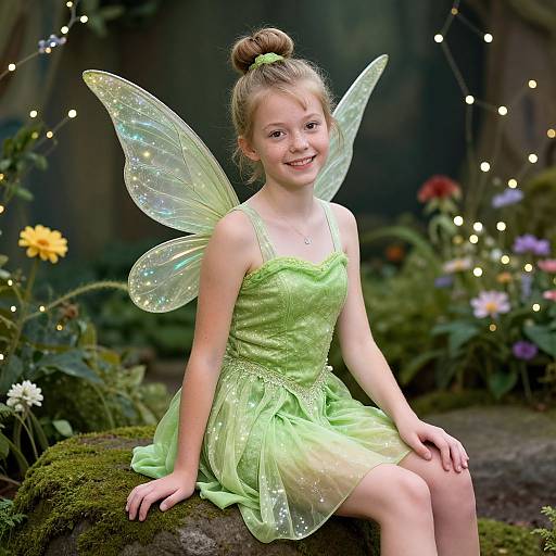 Photograph of a young girl with fair skin, brown hair in a bun, wearing a green fairy dress and translucent wings, sitting on a mossy
