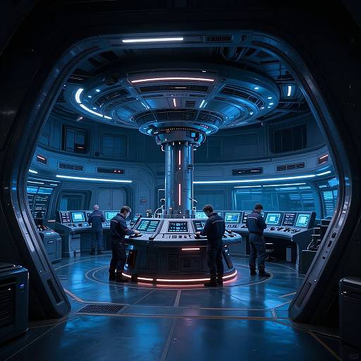 Photograph of a futuristic control room with four men in dark uniforms, illuminated by blue and red lights, standing around a central control console, surrounded by