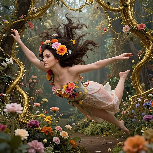 Digital illustration of a fair-skinned, dark-haired fairy woman with a flower crown and dress, flying through a vibrant, enchanted garden.