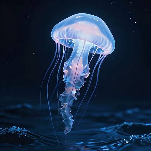 Photograph of a glowing, translucent blue jellyfish with long, flowing tentacles, illuminated against a dark, starry background, floating above rippling