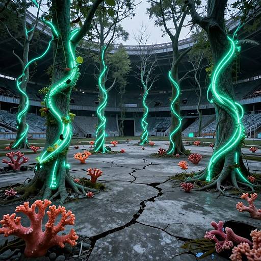 Photograph of an abandoned stadium interior, featuring glowing neon green lights wrapped around trees, surrounded by vibrant orange coral-like plants on cracked concrete.