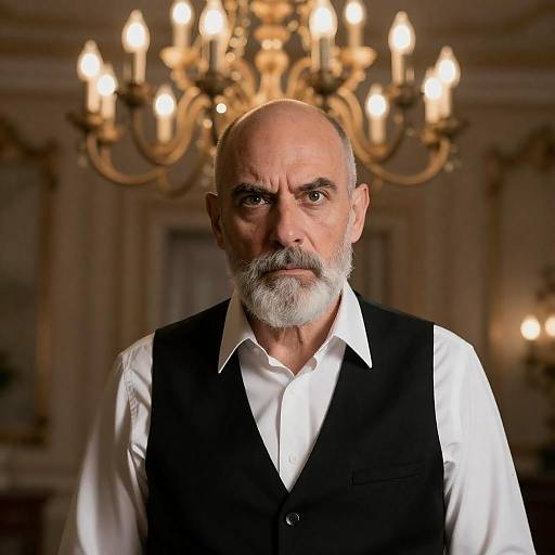 Intense Middle-Aged Man Under Chandelier