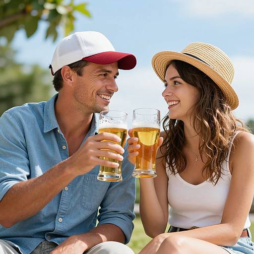Photograph of a smiling couple outdoors, clinking beer glasses. Man in blue shirt, red-white cap, woman in white tank top, straw hat