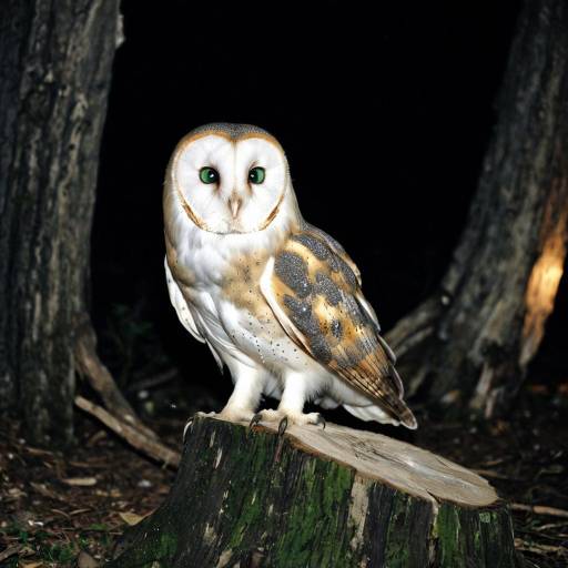 Barn Owl with Green Eyes on Tree Stump at Night