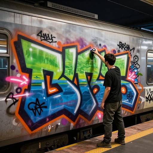 Photograph of a man in black shirt and pants, graffiti tagging a silver subway train with vibrant green, blue, and orange spray paint in a brightly