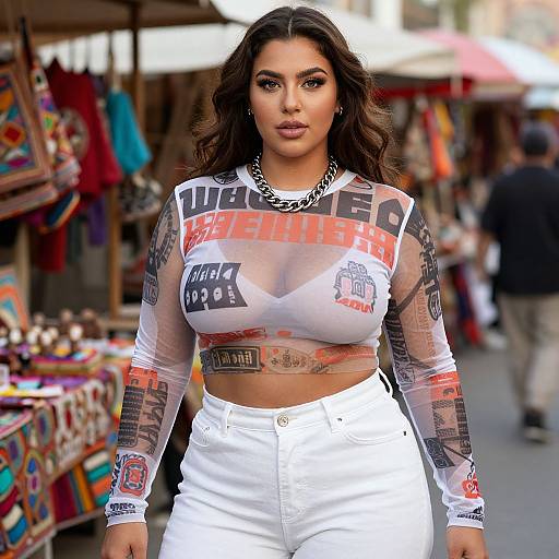 Photograph of a curvy woman with long dark hair, wearing a transparent 