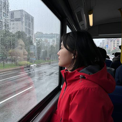 Photograph of a young woman with black hair in a red raincoat, gazing out a rain-speckled bus window at a rainy urban street