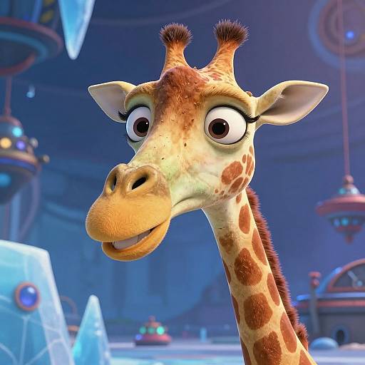CGI close-up of a cute, cartoon giraffe with wide eyes and a friendly smile, set in a futuristic, blue-lit background.