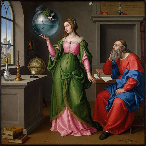 Renaissance-style painting: Pregnant woman in green dress with pink lining holds glowing globe, stands before bearded man in red and blue robes,