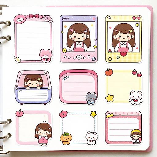 Cute digital illustration of a child's planner page with kawaii-style drawings of a brown-haired girl in various frames, surrounded by colorful stars, apples