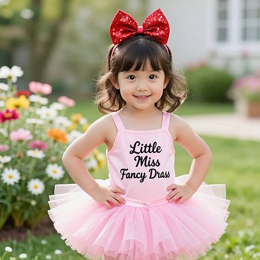 Photograph of an adorable Asian toddler girl with curly brown hair, wearing a pink tutu dress with 