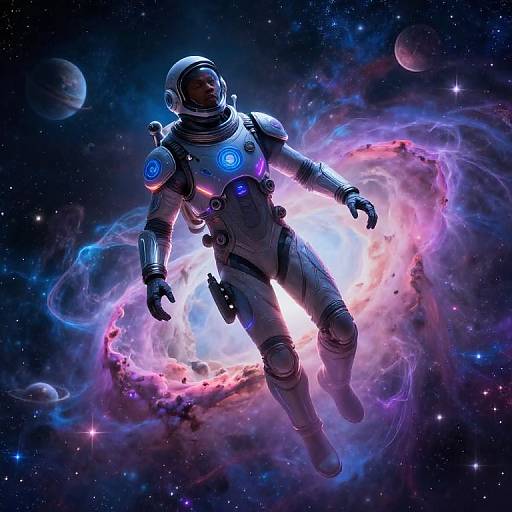 Digital artwork of a glowing, blue-lit astronaut floating in space surrounded by swirling, colorful nebulae and planets against a starry background.