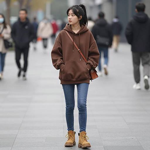 Young Asian Woman in Brown Hoodie and Crossbody Bag