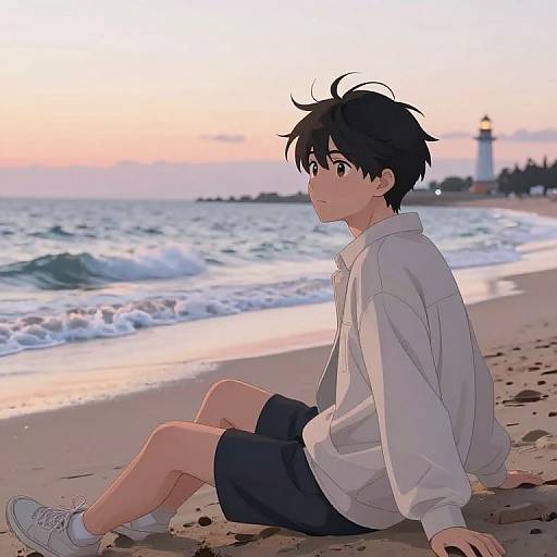 Anime Boy on Twilight Beach