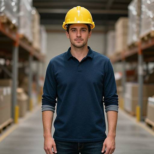 Photograph of a handsome, young man with light skin, wearing a yellow hard hat and dark blue polo shirt, standing in a blurred warehouse aisle with
