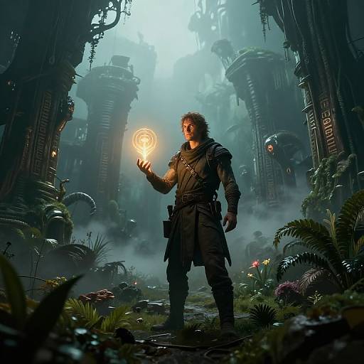 Krieger Exploring Misty Alien Ruins