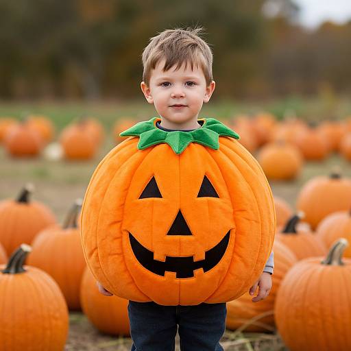 Photograph of a young boy with short brown hair, wearing a large orange pumpkin costume with a carved jack-o'-lantern face, standing in a