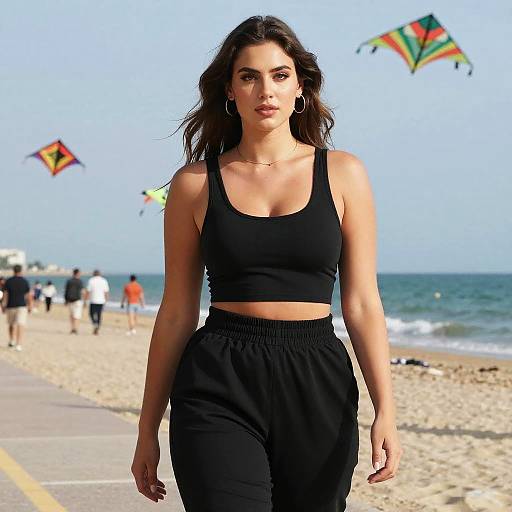 Photograph of a fit woman with long dark hair in a black sports bra and high-waisted pants walking on a sunny beach, kite sails in