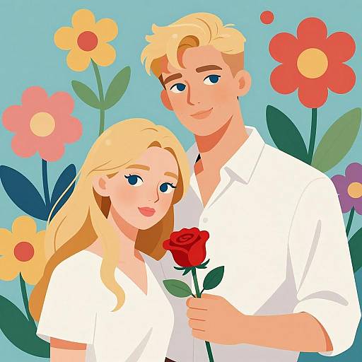 Illustration of Young Couple with Red Rose and Flowers