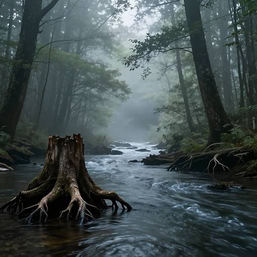 Misty forest photograph with a large, exposed tree stump in a flowing river, surrounded by tall, mist-covered trees.