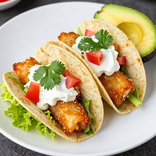Photograph of two fish tacos with crispy golden fish, white sour cream, diced tomatoes, cilantro, lettuce, and avocado on a white plate.