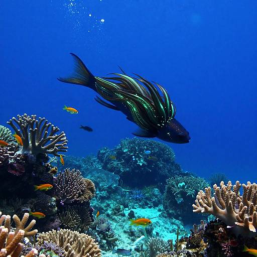 Vibrant photograph of a blue ocean scene with a striped black fish swimming above colorful coral reefs and small orange fish.