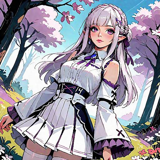 Anime Girl with White Hair in Forest