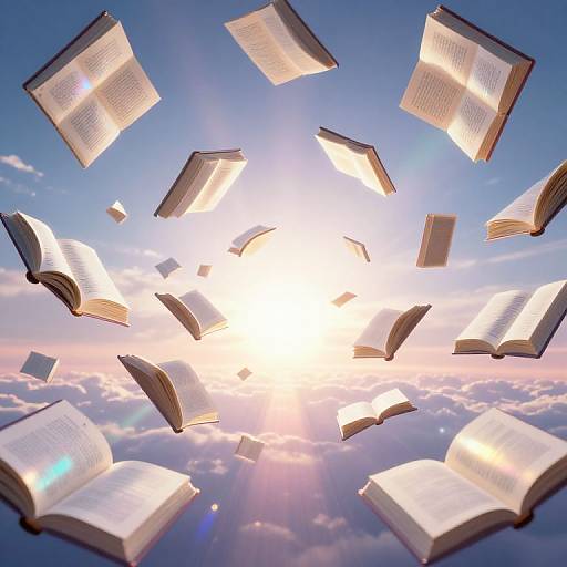 Photograph of open books floating in mid-air, illuminated by bright sunlight, against a blue sky with scattered clouds.