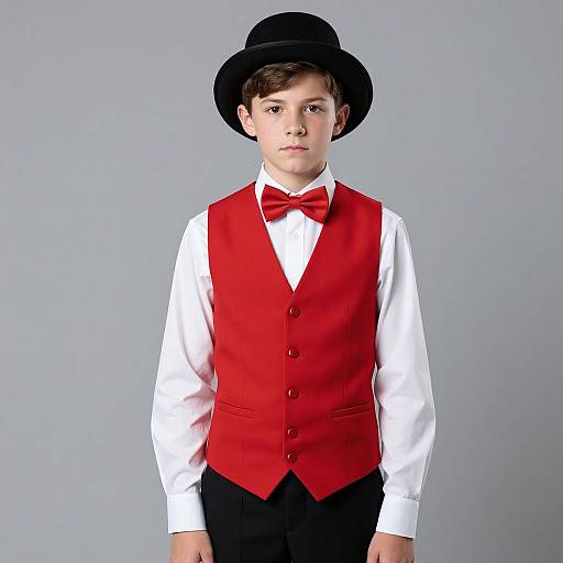 Young boy in photograph wearing white shirt, red vest, black bow tie, black pants, and black top hat against a gray background.