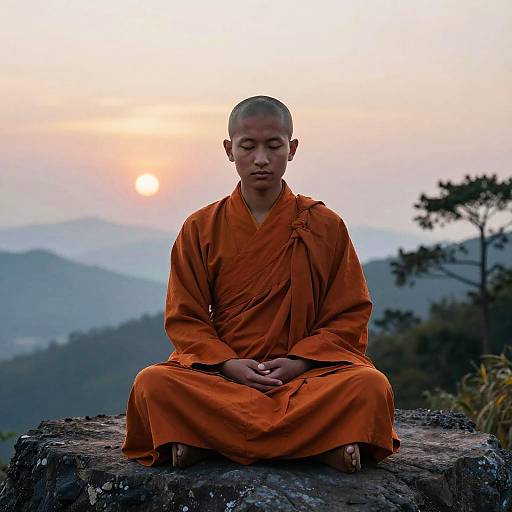 Serene Young Buddhist Monk at Sunset