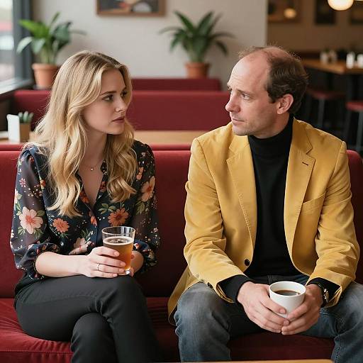 Intimate Restaurant Scene on Red Couch