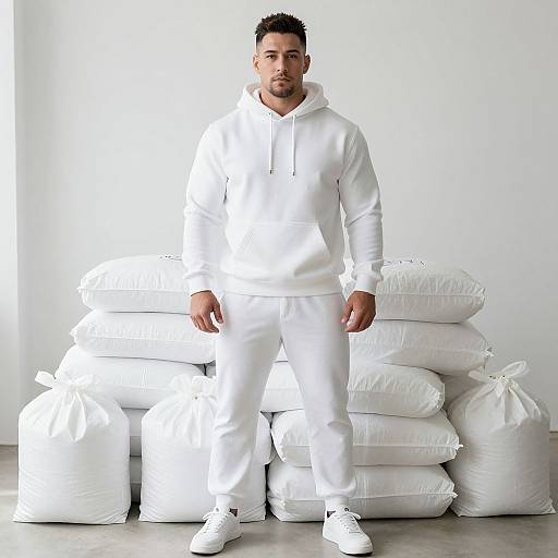 Photograph of a bearded man in a white hoodie and pants standing in front of stacked white pillows and bags. Bright white background, minimalistic.