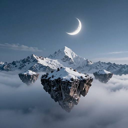 Photorealistic digital artwork of a snow-covered mountain island under a crescent moon, surrounded by clouds, with distant jagged peaks.
