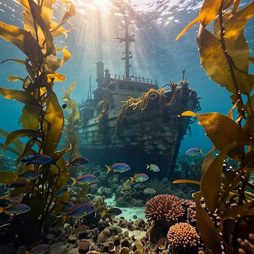 Photograph of a sunlit underwater scene featuring a sunken ship covered in seaweed, surrounded by colorful fish and coral, with sunlight streaming through the