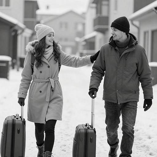 Joyful Winter Stroll: Black-and-White Photo