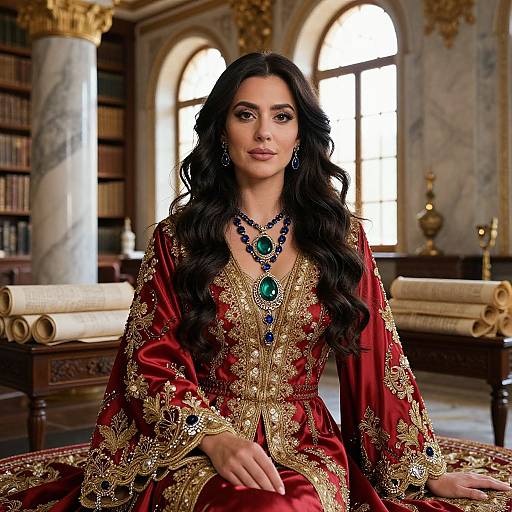 Photograph of a dark-haired woman with long wavy hair, wearing an ornate red and gold embroidered dress, and a turquoise gemstone necklace,