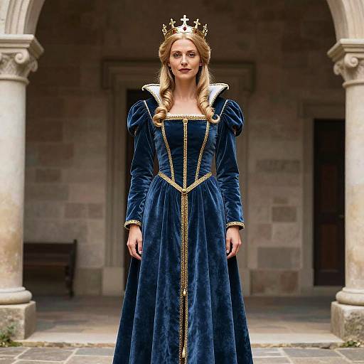 Medieval Queen in Blue Dress and Crown