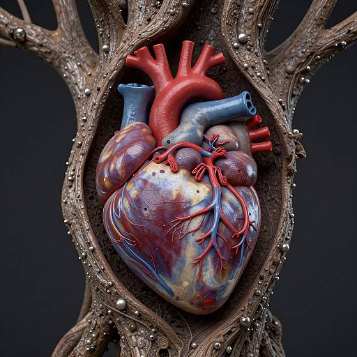 Hyper-realistic CGI of a colorful, detailed human heart nestled in a textured, tree-like structure with metallic accents, set against a dark background.