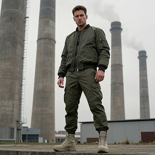Photograph of a serious-looking man in olive green military-style jacket and pants, white boots, standing in front of tall industrial smokestacks. Over