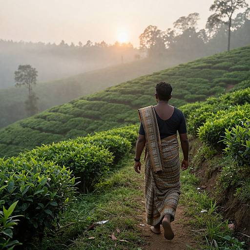 Photograph of a man walking uphill through lush tea plantation at sunrise, wearing a brown and white checkered sari and black shirt, with mist in