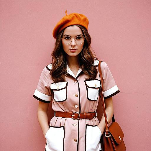 Young Woman in Orange Beret and Pink Dress