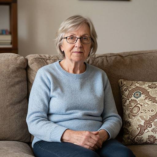 Photograph of an elderly woman with short gray hair, glasses, light blue sweater, and blue jeans, sitting on a beige couch with a patterned