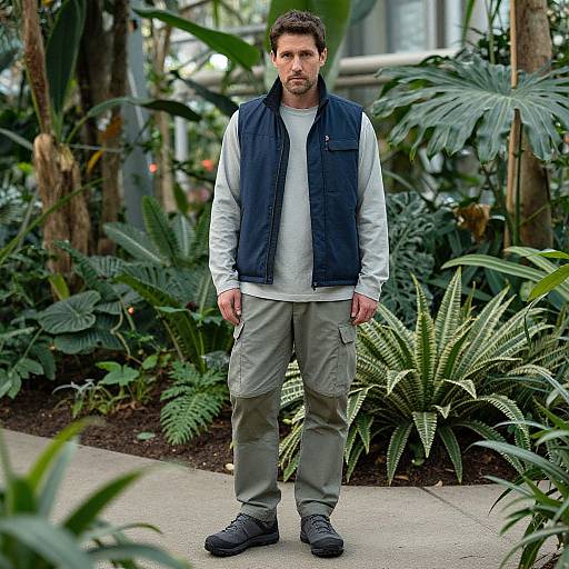 Photograph of a serious, bearded man with short brown hair, wearing a navy vest, white shirt, gray pants, and black shoes, standing