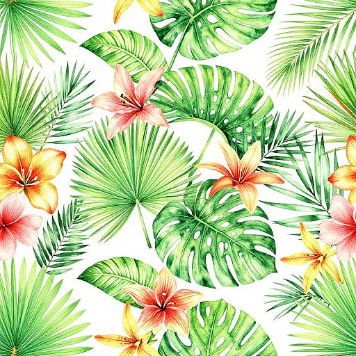 Vibrant tropical pattern: bright red and yellow hibiscus flowers, lush green monstera and palm leaves, detailed watercolor style,