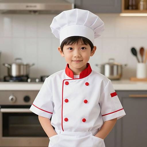 Photograph of an Asian toddler in a white chef's uniform with red buttons and trim, standing in a modern kitchen.