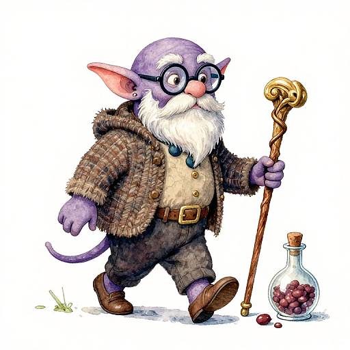 Colorful digital illustration of a purple, elderly, bespectacled gnome with white beard, wearing a plaid jacket, holding a staff, and