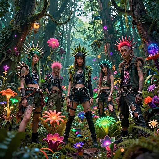 Photograph-style digital art of five punk-style women with spiked headpieces, black leather outfits, and glowing forest filled with colorful bioluminescent flowers