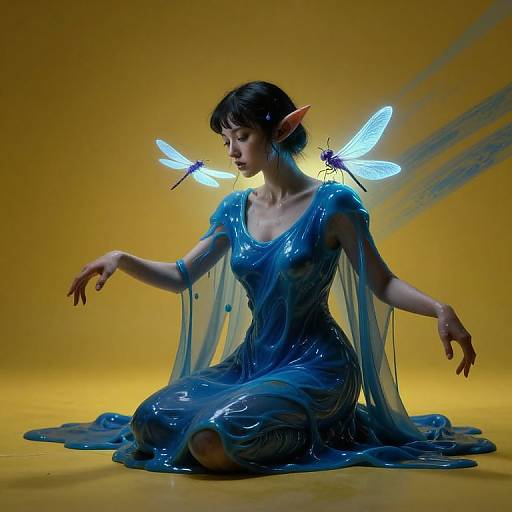 Photograph of an ethereal fairy woman with black hair, elf ears, glowing blue wings, and a translucent blue slime dress, kneeling on a yellow